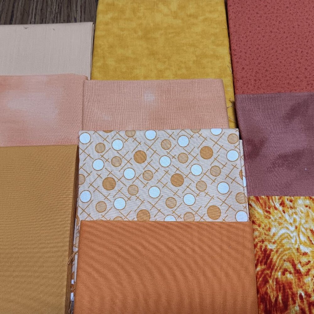 #352   10 Assorted Fat Quarters Oranges, Tan, Gold, Dots NEW Quilt Fabric